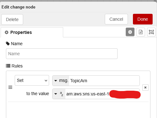 Change node setting msg.TopicArn before the SNS Publish node