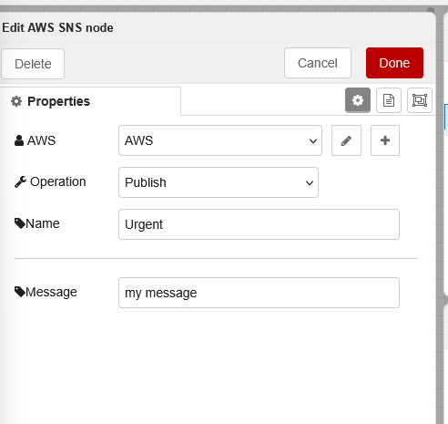SNS Publish node editor with no Topic ARN field